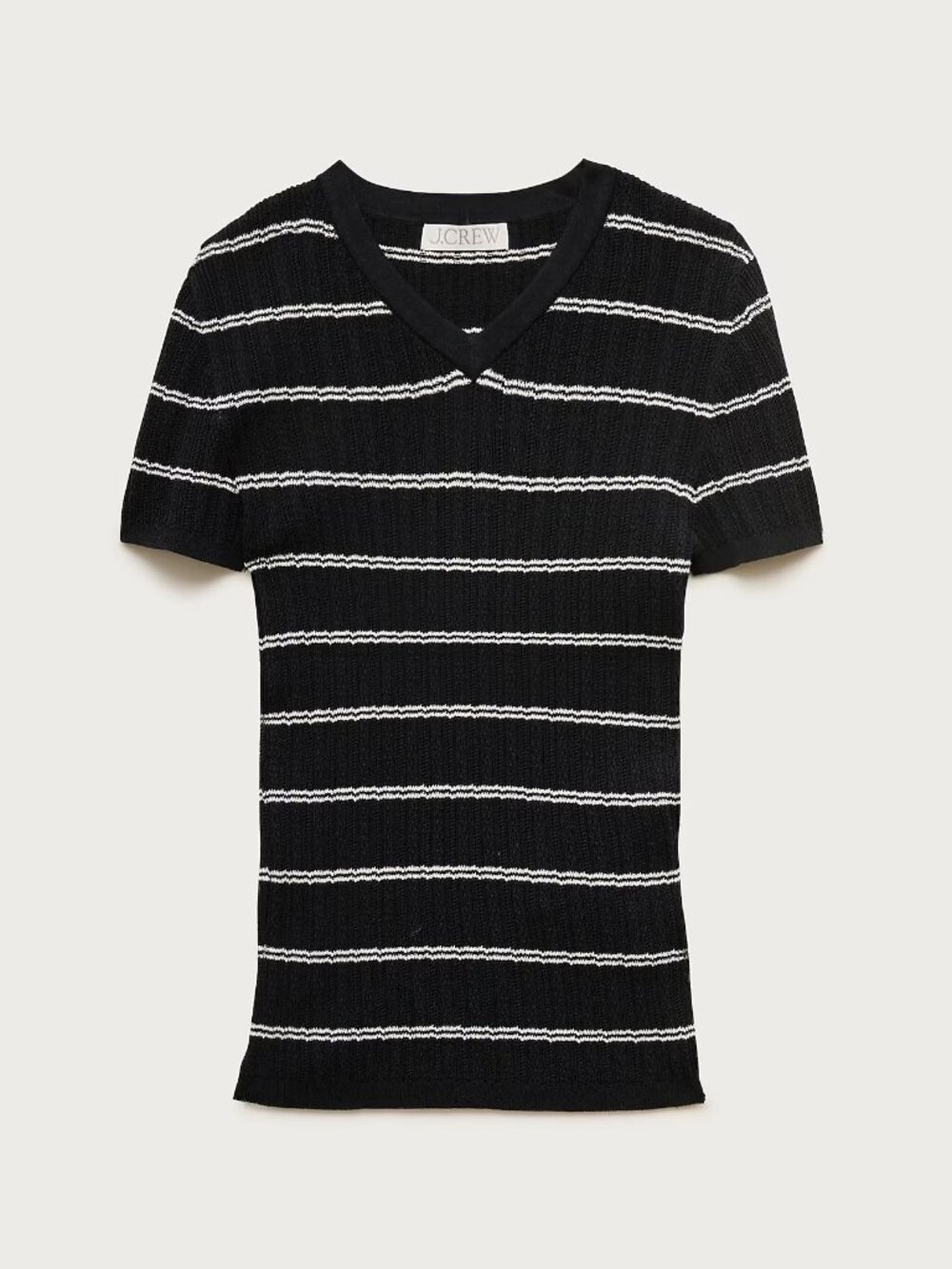 J. Crew High V-neck Ribbed Pointelle Sweater-Tee in Black White Stripe